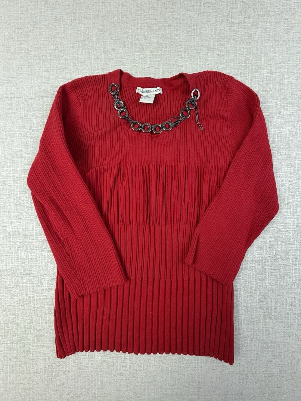 Requirements Women’s XL Red Ribbed Tunic Sweater Chain Neckline Cotton Blend